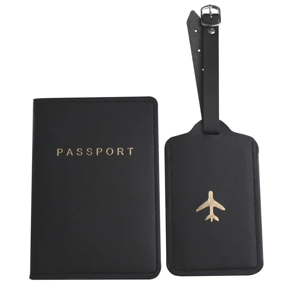 2pcs Passport Cover & Luggage Tag Set PU Leather Travel Accessories