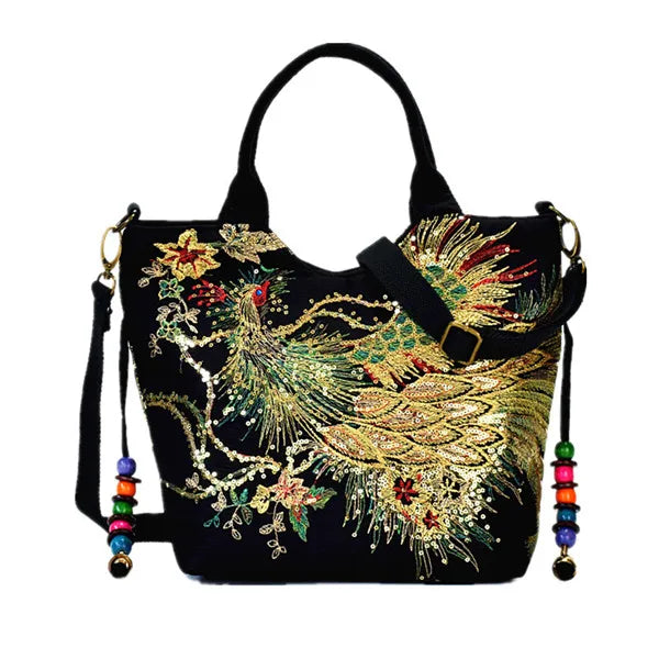 Canvas Phoenix Embroidered Women Handbag Shoulder Tote Crossbody Messenger Bag