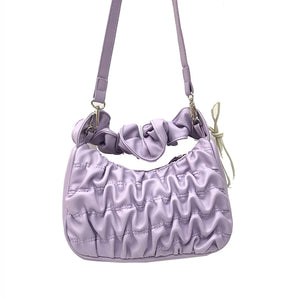 Soft PU Leather Pleated Tote Bag Solid Folds Handle Small Handbag