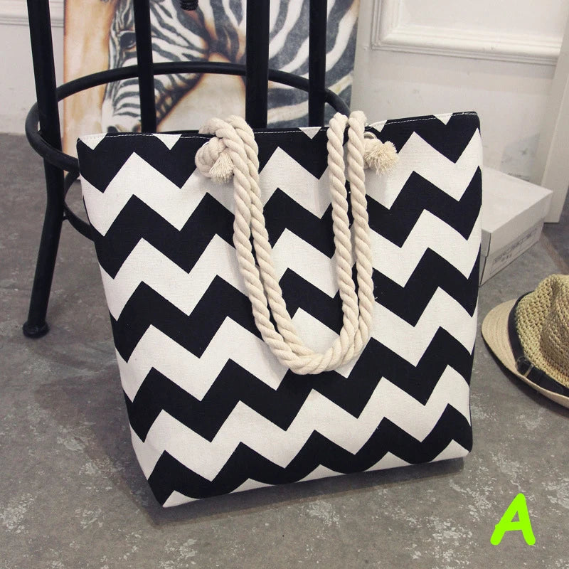 Canvas Striped Shoulder Beach Bag Floral Messenger Shopping Tote Casual Big Bag