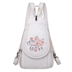 Floral Embroidered Leather School Backpack for Teen Girls