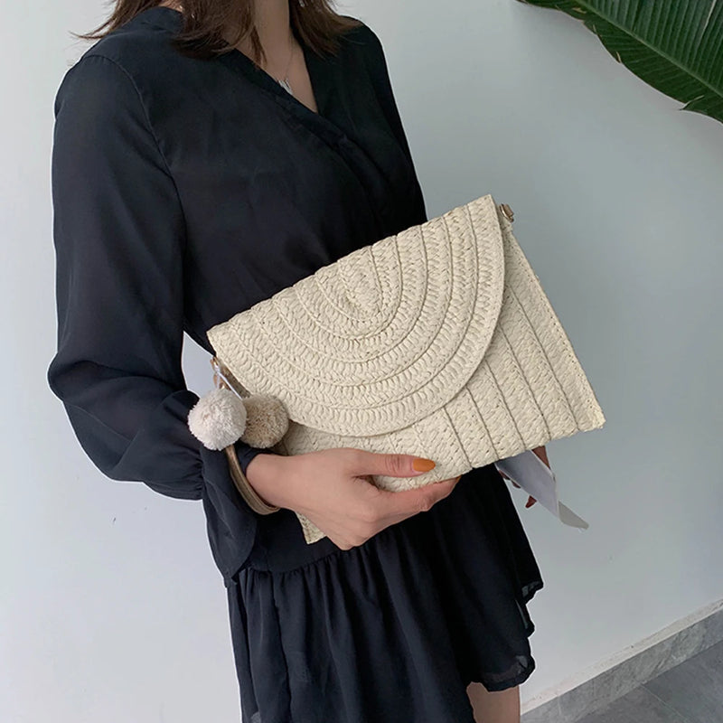 Envelope Crossbody Bag Straw Handbag Retro Classic Shoulder Pack for Women