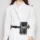 Rhinestone Tassel Flap Waist Packs Women PU Leather Belt Phone Wallet Bag