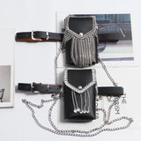 Rhinestone Tassel Flap Waist Packs Women PU Leather Belt Phone Wallet Bag