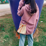 Summer Beach Straw Bucket Bag Crossbody with Tassel Drawstring
