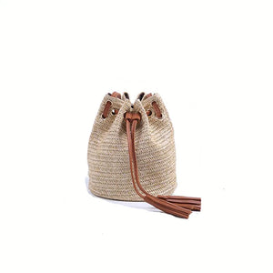 Summer Beach Straw Bucket Bag Crossbody with Tassel Drawstring