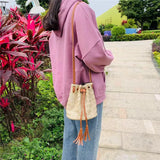 Summer Beach Straw Bucket Bag Crossbody with Tassel Drawstring