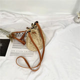 Summer Beach Straw Bucket Bag Crossbody with Tassel Drawstring