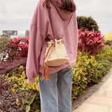 Summer Beach Straw Bucket Bag Crossbody with Tassel Drawstring