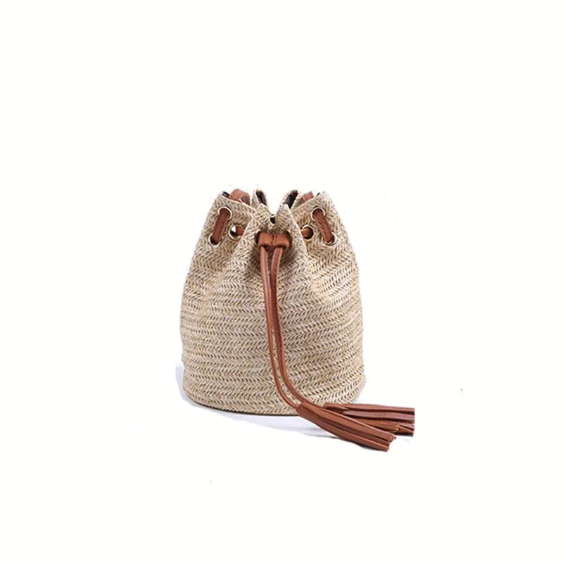 Summer Beach Straw Bucket Bag Crossbody with Tassel Drawstring
