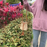 Summer Beach Straw Bucket Bag Crossbody with Tassel Drawstring