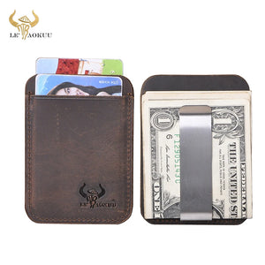 Crazy Horse Leather Slim Wallet Money Clip