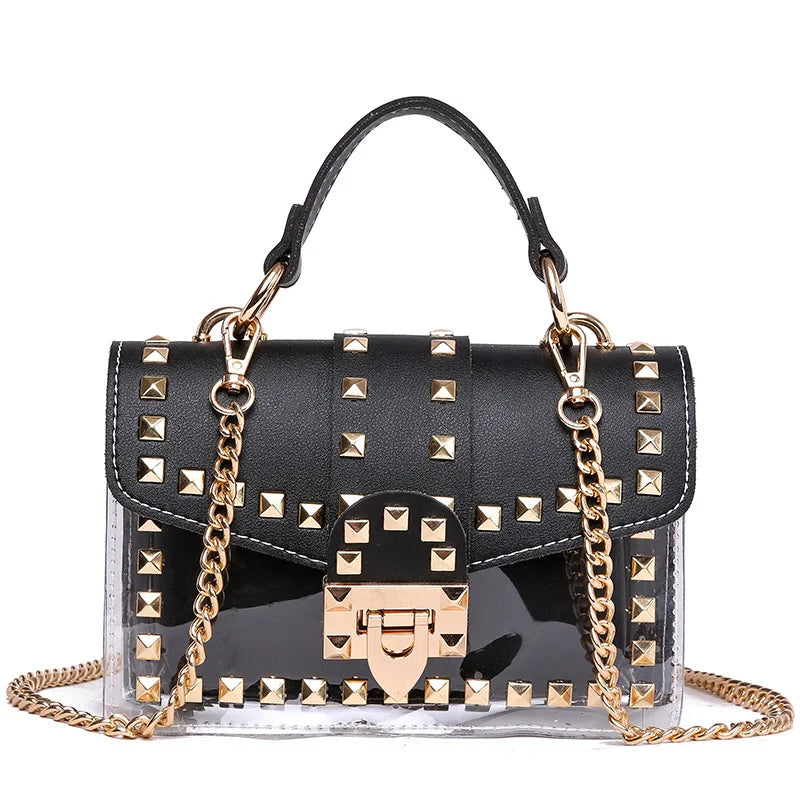 Designer PVC Handbag with Rivet, Zipper Chain, and Shoulder Strap