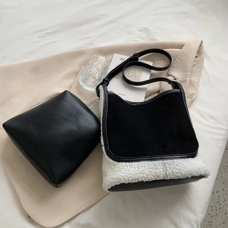Autumn Winter Women's Lamb Wool Handbags Bucket Shoulder And Clutches Bag