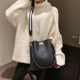 Women PU Leather Handbag Shoulder Messenger Bag Large Capacity Solid Bucket Bag