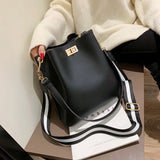 Women PU Leather Handbag Shoulder Messenger Bag Large Capacity Solid Bucket Bag