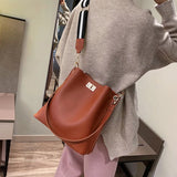 Women PU Leather Handbag Shoulder Messenger Bag Large Capacity Solid Bucket Bag