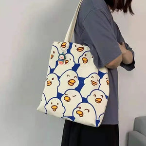 Canvas Duck Tote Bag with Zipper Japanese Style Cartoon Small Shoulder Bag