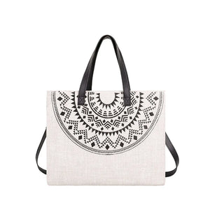 Ethnic Women Large Linen Tote Bag Retro Zipper Shoulder Messenger Bag