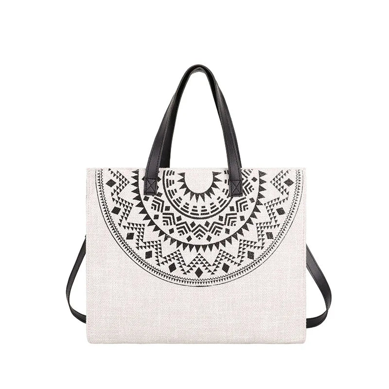 Ethnic Women Large Linen Tote Bag Retro Zipper Shoulder Messenger Bag