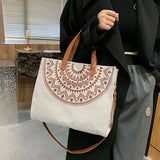 Ethnic Women Large Linen Tote Bag Retro Zipper Shoulder Messenger Bag