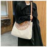 Ethnic Women Large Linen Tote Bag Retro Zipper Shoulder Messenger Bag