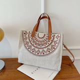 Ethnic Women Large Linen Tote Bag Retro Zipper Shoulder Messenger Bag