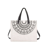 Ethnic Women Large Linen Tote Bag Retro Zipper Shoulder Messenger Bag
