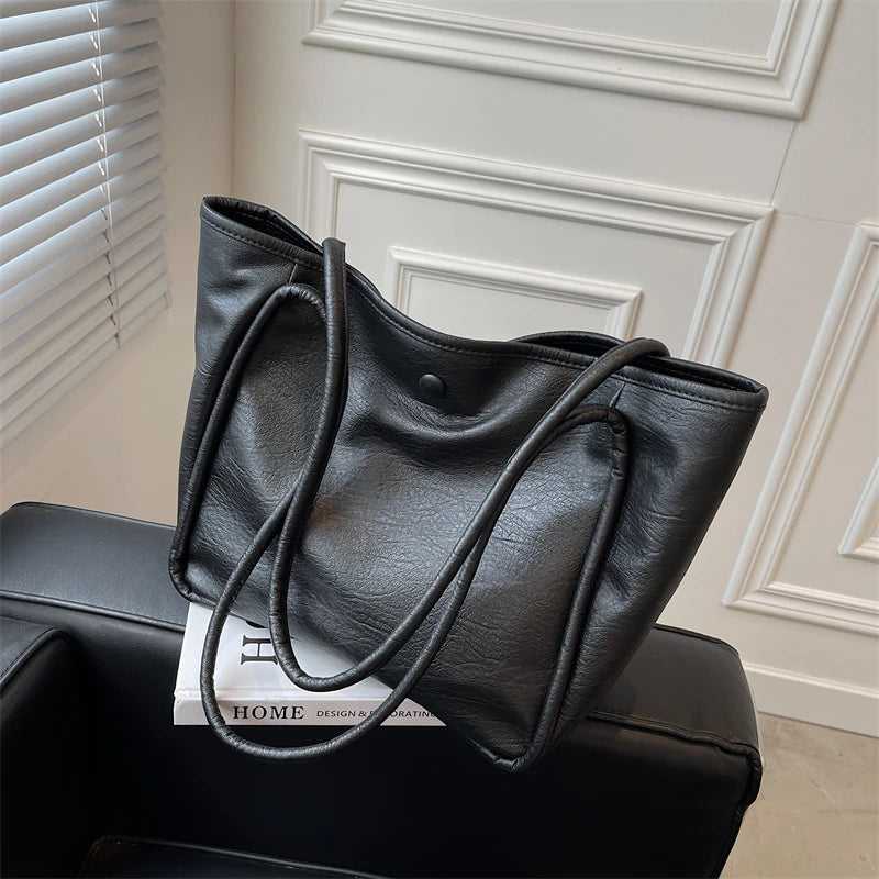 Solid PU Leather Shoulder Tote Bag Large Capacity Tote