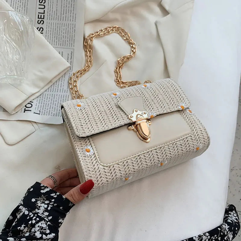 Small Crossbody Straw Handbag for Women Chain Shoulder Bag