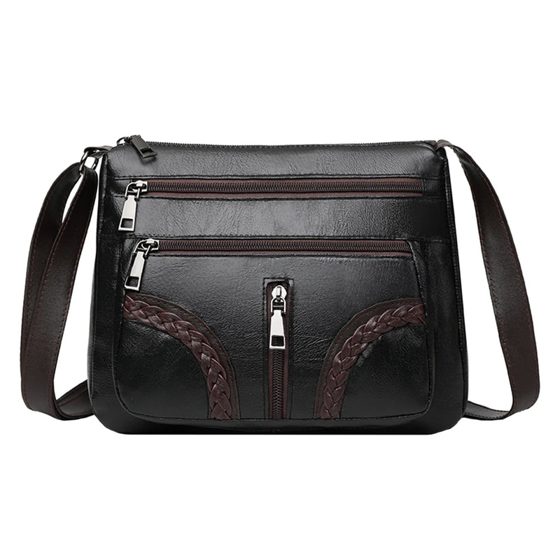 Women Braided PU Shoulder Messenger Bag Multi-pocket Solid Handbag