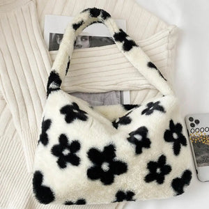 Winter Plush Flower Pattern Small Shoulder Bag Female Underarm Bag Handbag