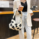 Winter Plush Flower Pattern Small Shoulder Bag Female Underarm Bag Handbag