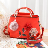 Flower Women PU Leather Handbag Embroidered Flag Female Hand Bag