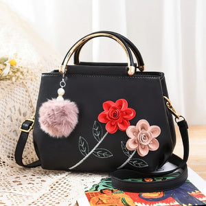 Flower Women PU Leather Handbag Embroidered Flag Female Hand Bag