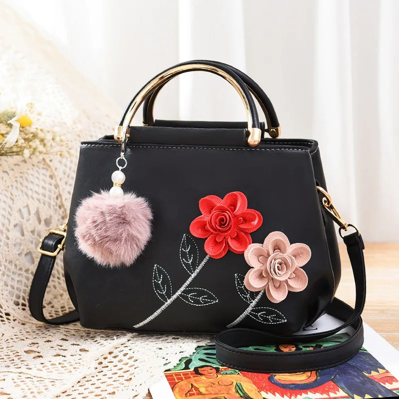 Flower Women PU Leather Handbag Embroidered Flag Female Hand Bag