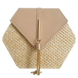 Hexagon Straw+Leather Handbag Women Rattan Beach Bohemia Bag