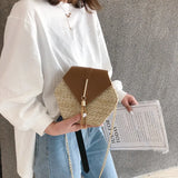 Hexagon Straw+Leather Handbag Women Rattan Beach Bohemia Bag