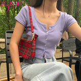 Vintage Retro French Plaid Red Shoulder Bag Women Handbag