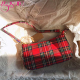 Vintage Retro French Plaid Red Shoulder Bag Women Handbag