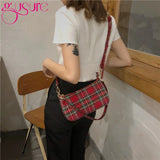 Vintage Retro French Plaid Red Shoulder Bag Women Handbag