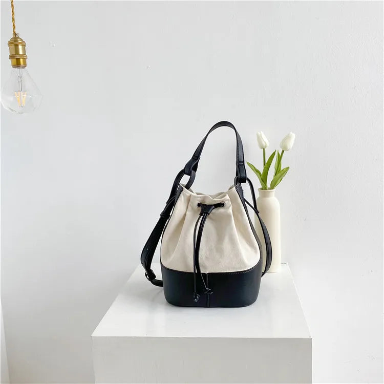 Canvas Stitching Bucket Bag Casual Shoulder Bag