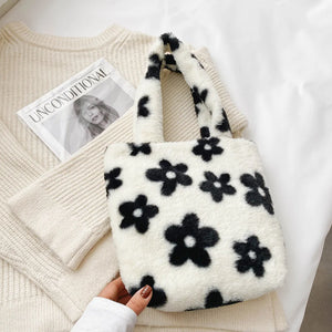 Women Flower Pattern Shoulder Bags Winter Plush Underarm Bags Faux Fur Handbag