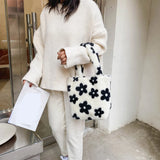 Women Flower Pattern Shoulder Bags Winter Plush Underarm Bags Faux Fur Handbag
