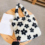 Women Flower Pattern Shoulder Bags Winter Plush Underarm Bags Faux Fur Handbag