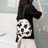 Women Plush Flower Pattern Backpack Female Shoulder Bags Teenger Girsl Furry Flu