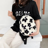 Women Plush Flower Pattern Backpack Female Shoulder Bags Teenger Girsl Furry Flu