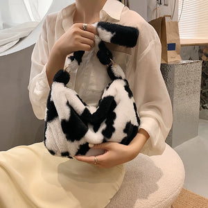 Women Plush Flower Shoulder Bags Furry Tote Handbag