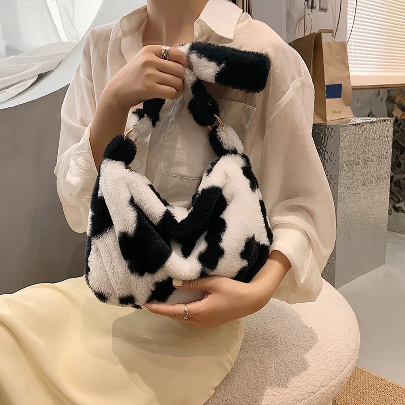 Women Plush Flower Shoulder Bags Furry Tote Handbag