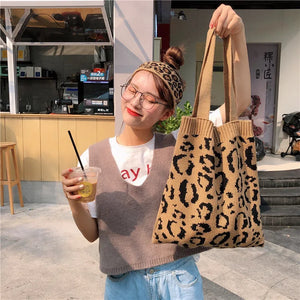 Japanese Style Knitted Leopard Shoulder Bag